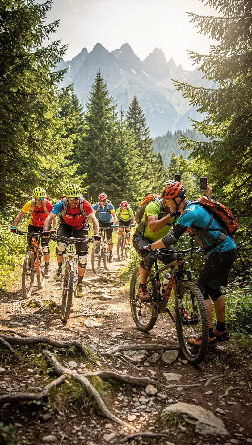 A group of hikers exploring a picturesque forest trail surrounded by vibrant autumn foliage.
